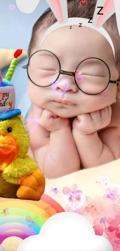 Sleeping baby with glasses and toy duck on a colorful background.