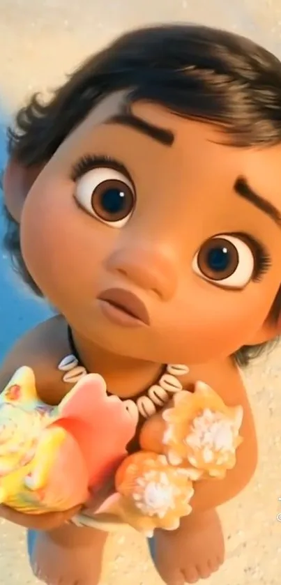 Adorable animated baby holding colorful seashells.