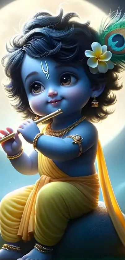 Baby Krishna playing flute with moonlit background.