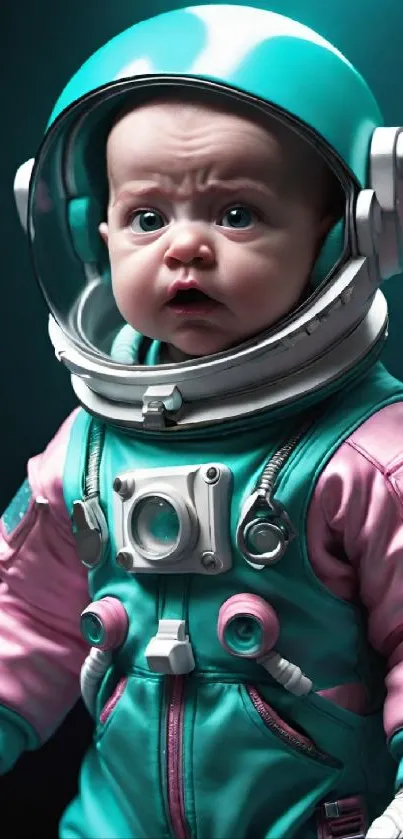 Adorable baby in teal astronaut suit with helmet against dark background.