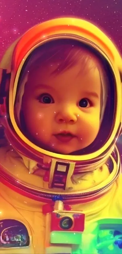 Adorable baby astronaut in vibrant yellow space suit with galaxy background.