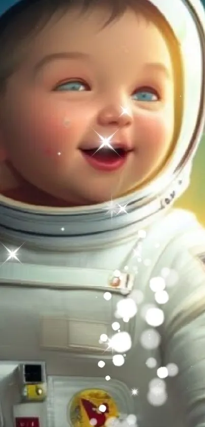 Adorable baby in astronaut suit with a galaxy background.