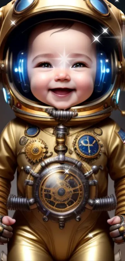 Smiling baby in a golden astronaut suit with a sparkling helmet.