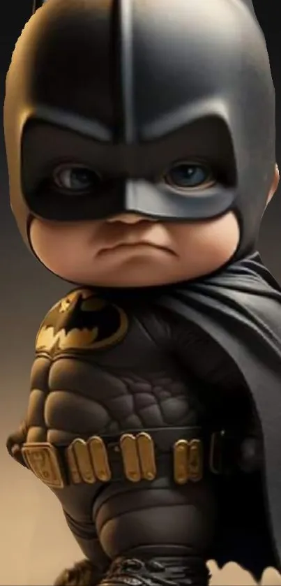 Cute baby in Batman costume with serious expression.