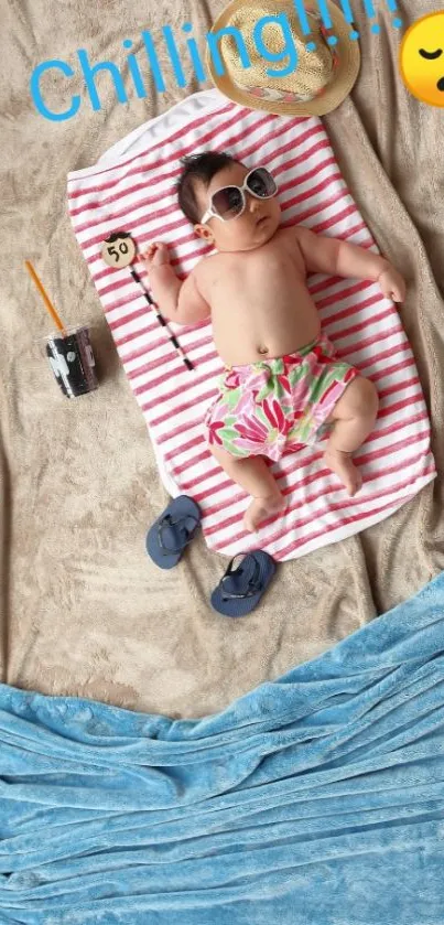 Adorable baby enjoying beach vibes on a striped towel with cute accessories.