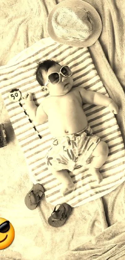 Cute baby enjoying a beach day with sunglasses and a fun vibe.