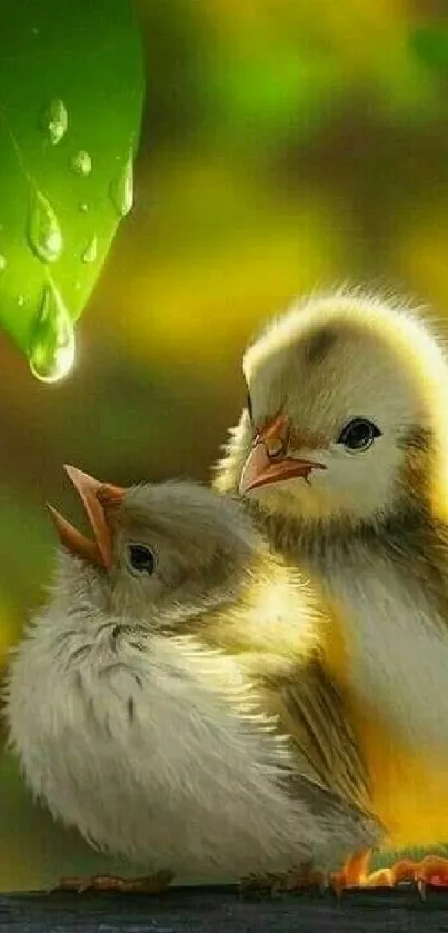 Adorable baby birds with green leaf.