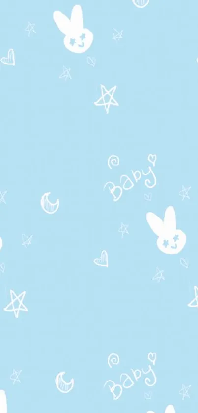 Light blue wallpaper with white bunny and star illustrations.