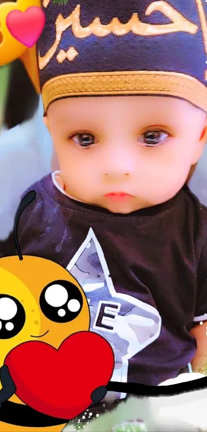 Cute baby with cartoon bee and heart emoji design.