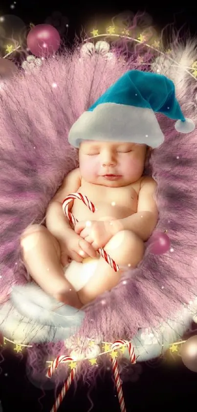 Cute baby with Santa hat and candy cane in a festive holiday setting wallpaper.