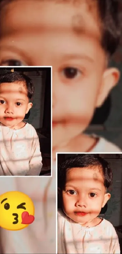 Cute baby collage wallpaper with kiss emoji.