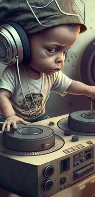 Cute baby DJ with turntables and headphones.