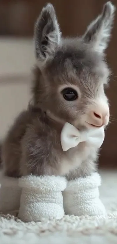 Cute baby donkey wearing a bow tie and slippers.