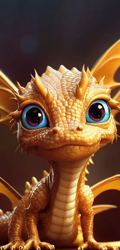 Cute baby dragon with bright blue eyes and golden scales.