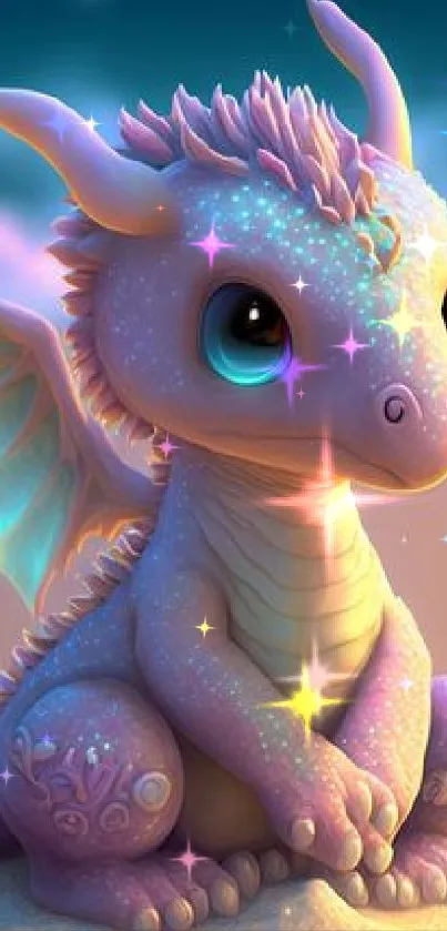 Cute baby dragon on a sandy beach under a starlit sky.