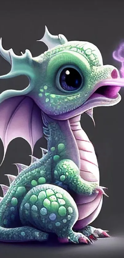 Illustration of a cute baby dragon with purple smoke on a dark background.