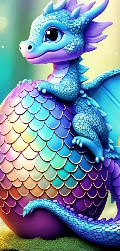 Cute baby dragon sitting on a colorful egg with a vibrant fantasy background.