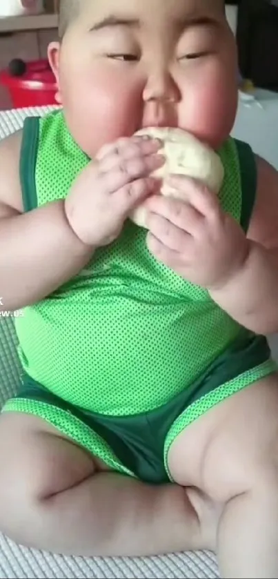 Adorable baby in green eats a dumpling.