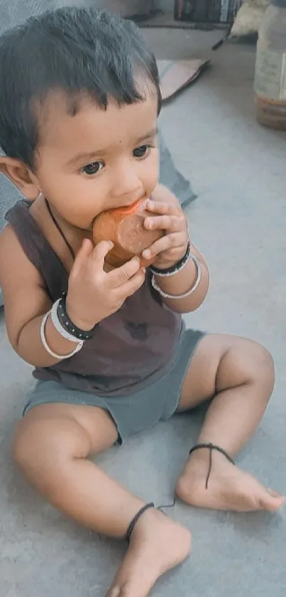 Cute baby enjoying fruit outdoors