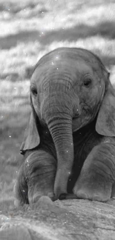 Adorable baby elephant on a rock in grayscale.