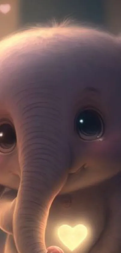 Adorable baby elephant with hearts, warm pink tones.