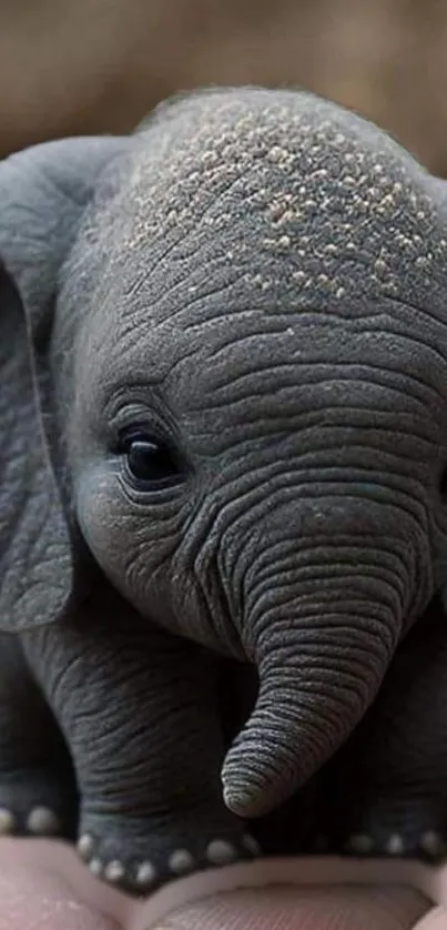 Small baby elephant held gently on palm, showcasing realistic details.