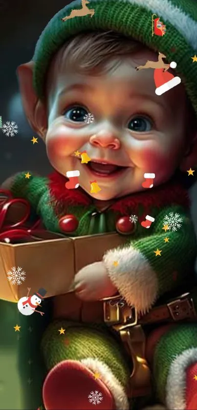 Adorable baby elf with Christmas theme, snowflakes, and festive decorations.