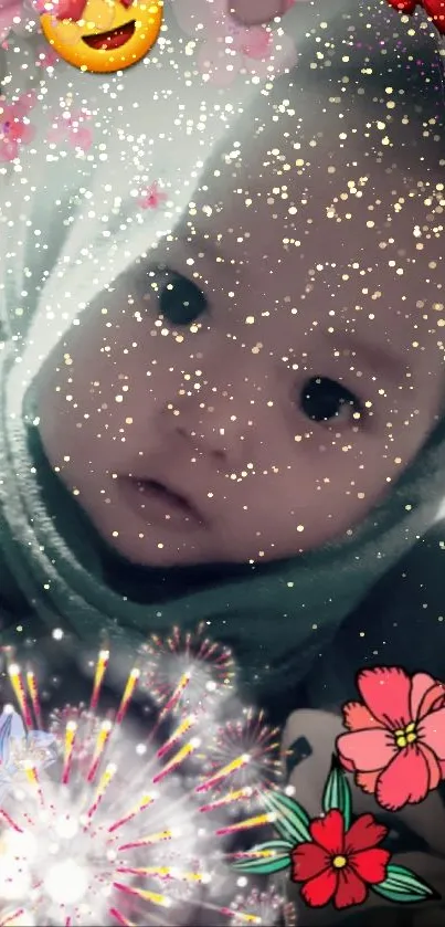 Cute baby with floral and sparkle effects.