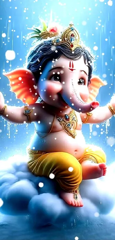 Adorable baby Ganesha sitting on clouds with rain background.