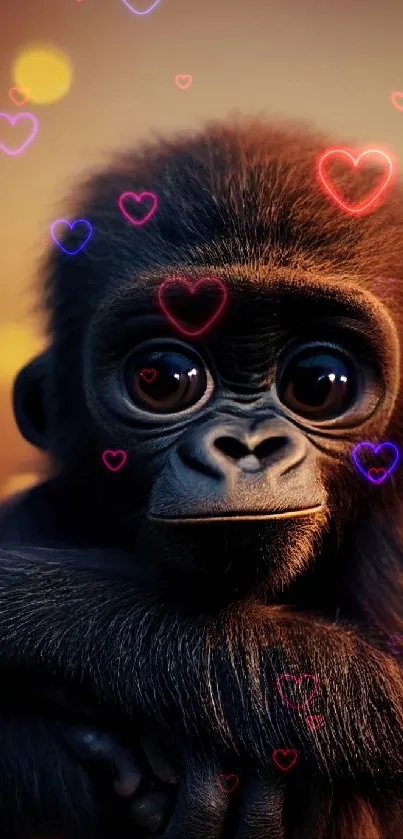 Adorable baby gorilla with warm brown backdrop, perfect for mobile wallpaper.