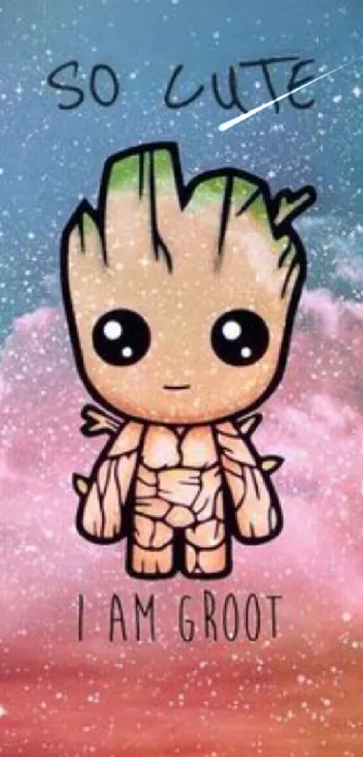 A cute Baby Groot cartoon with a galaxy background.