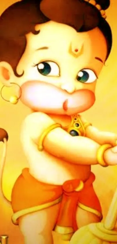 Cute Baby Hanuman with a mace in vibrant yellow background.