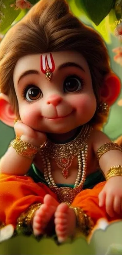 Cartoon Baby Hanuman with vibrant colors, adorably seated with a cheerful expression.