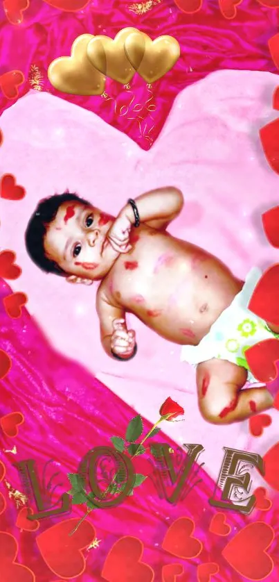 Cute baby on a pink heart-themed wallpaper with red hearts.