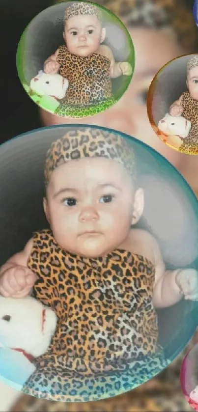 An adorable baby in leopard print with toy bear in colorful bubbles.