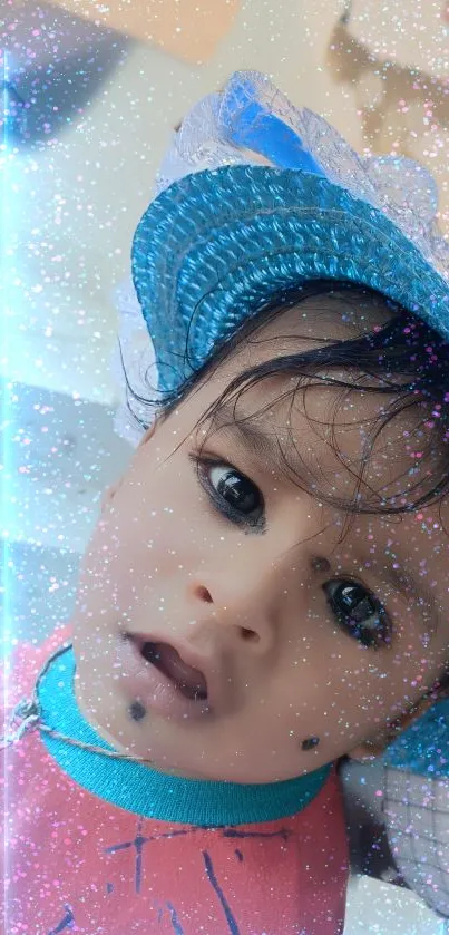 A cute baby wearing a blue hat with a sparkling, glittery background.