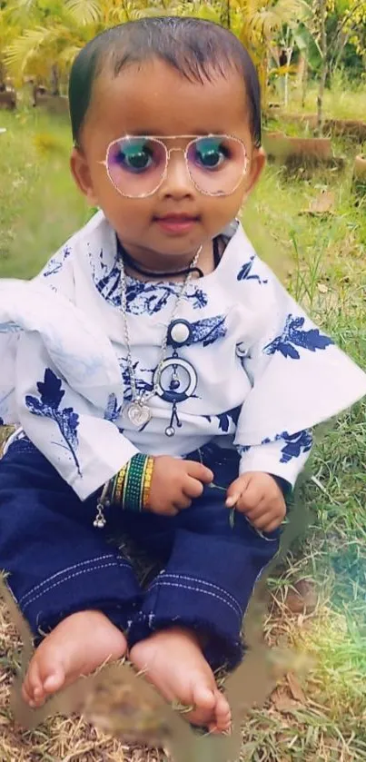 Cute baby in blue floral top with glasses sitting on grass.