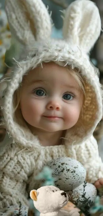 Baby in a beige bunny suit holding speckled eggs.