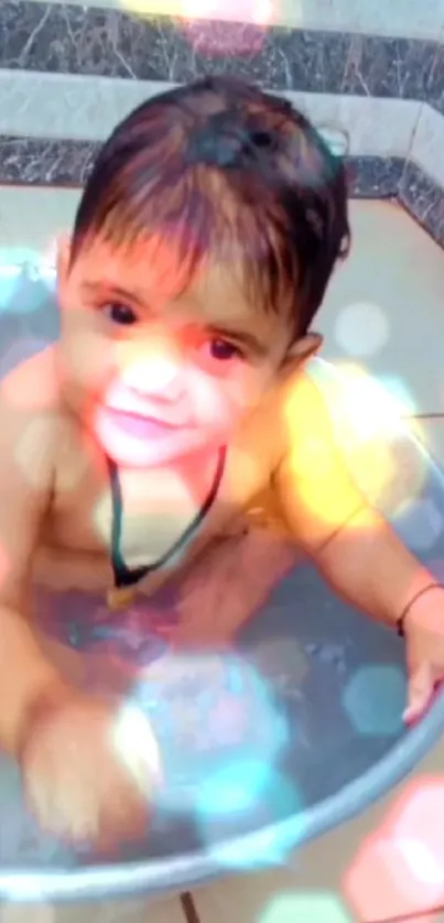 Joyful baby in a tub with vibrant bokeh lights.