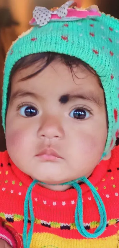 Adorable baby wearing a colorful knit cap and sweater, looking at the camera.