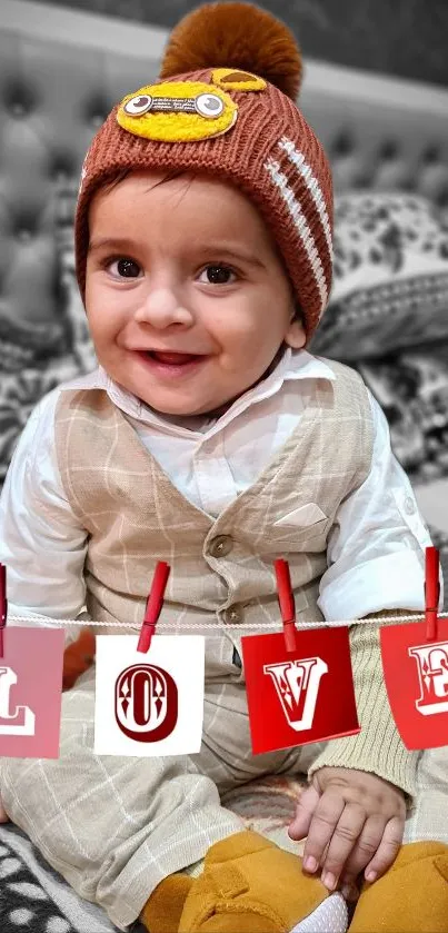 Cute baby wearing a cozy outfit with LOVE letters in a colorful setting.