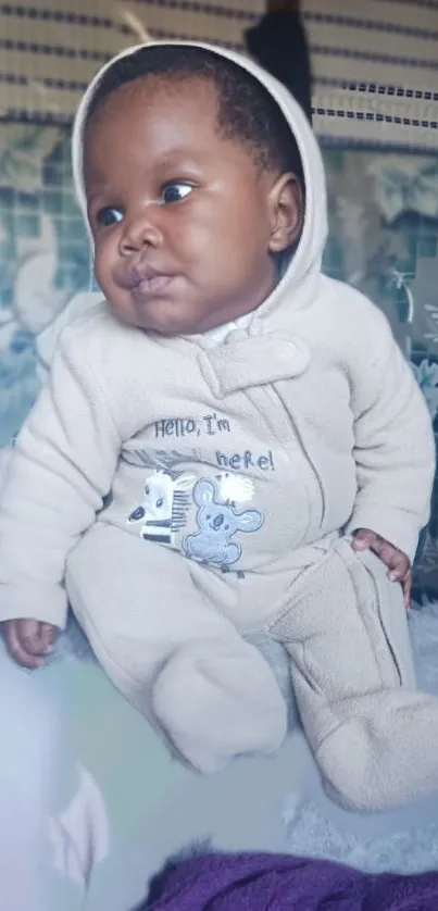 Adorable baby in a cozy beige outfit sitting.