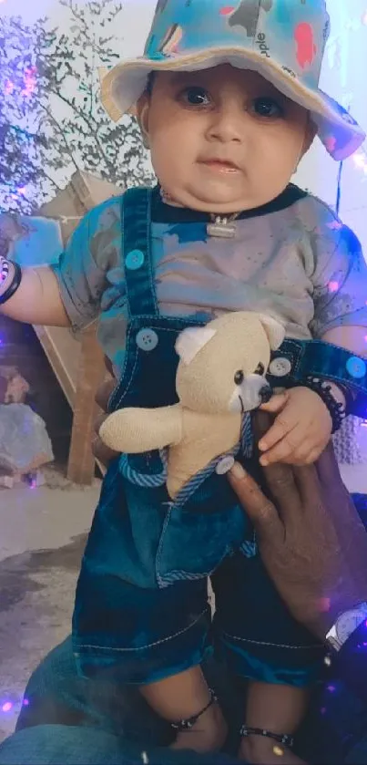 Adorable baby with hat holding teddy bear.