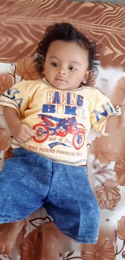 Adorable baby in racing shirt lying on floral background.