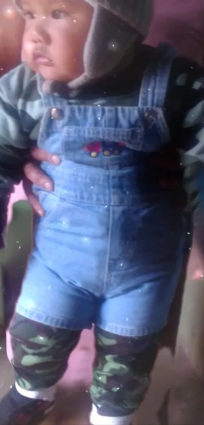 Adorable baby in denim overalls and winter hat