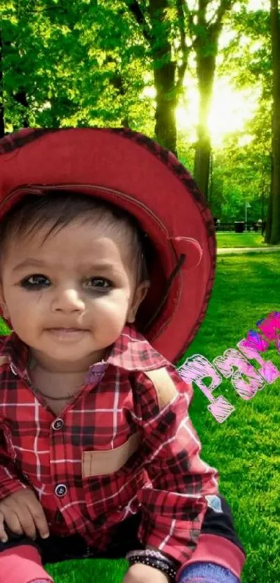 A cute baby in red plaid sitting in a lush green forest scene.