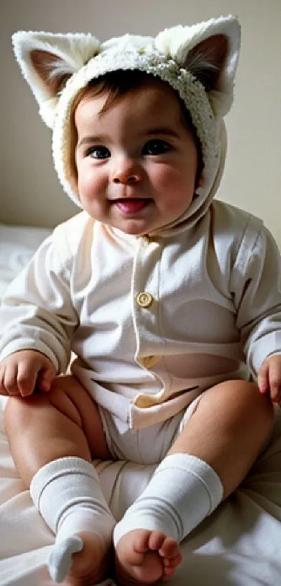 Cute baby with furry ears sitting on soft bed.