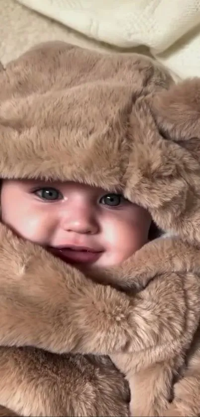 Cute baby in furry bear outfit, smiling warmly.