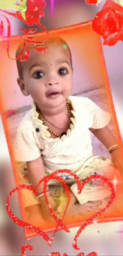 Adorable baby in a decorated heart frame