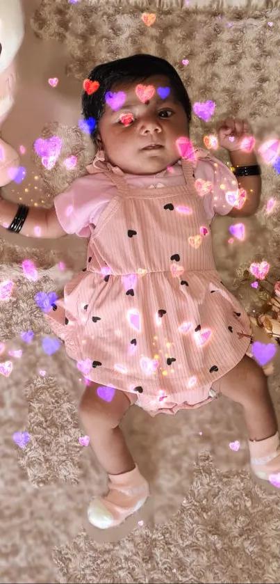 Cute baby in pink dress with heart effects and teddy bear around.